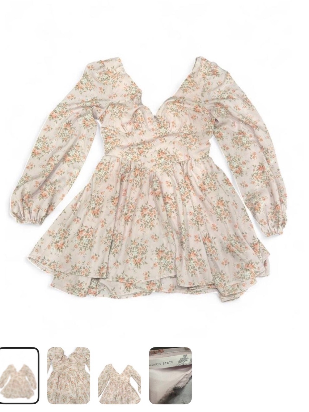 Altar'd State Cream Floral Long-Sleeve Ruffled Mini Dress